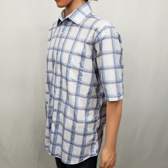 Bugatchi Shirt Short Sleeve Men L Blue Multicolor Plaid & Floral Button Up - Picture 5 of 12